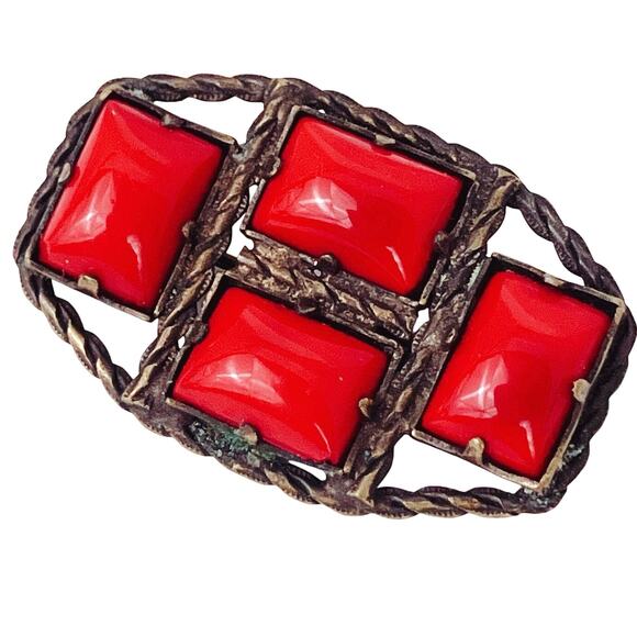 Antique Czechoslovakia Art Deco Red Czech Glass Brass Oval Brooch 1920s 30s Pin